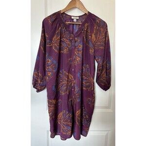 Tucker Womens Dress Large Button Front Tunic Purple Floral Boho Chic Lightweight